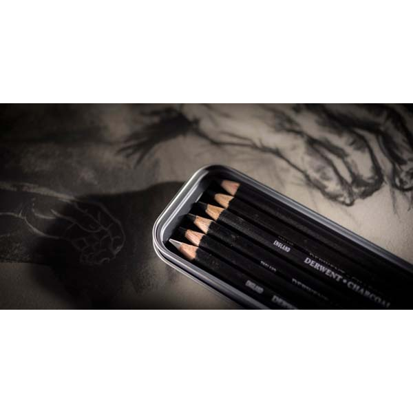 Black Derwent Charcoal Pencils Tin 6 Pencils