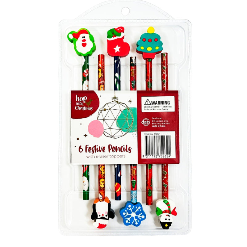 White Smoke Xmas Pencil with Eraser Toppers, 6pk Xmas