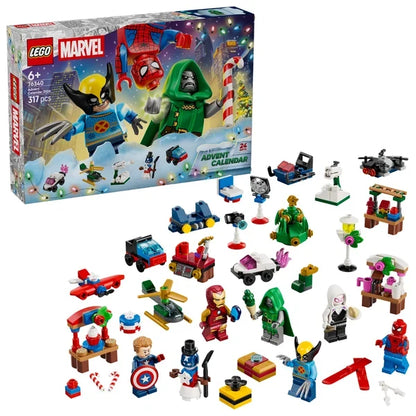 LEGO Marvel advent calendar set with assorted superhero minifigures and builds
