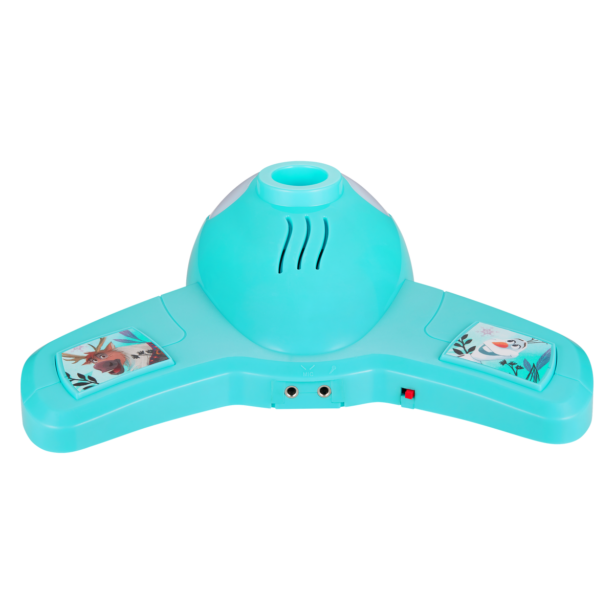 Teal Bluetooth karaoke stand control panel with two side buttons and speaker details