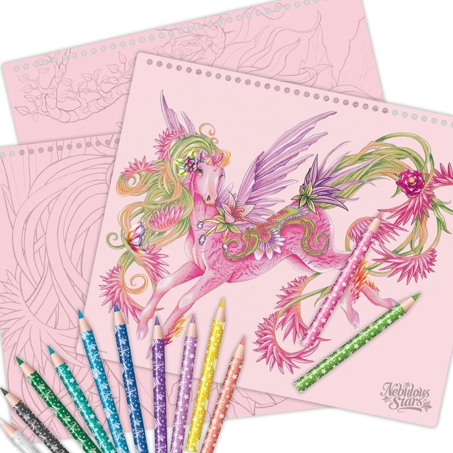Fantasy sketchbook pages with unicorn line art and colored pencils, pink