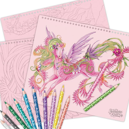 Fantasy sketchbook pages with unicorn line art and colored pencils, pink