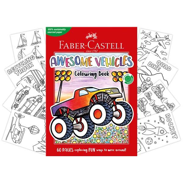 White Smoke Faber Castell Awesome Vehicles Colouring Book, A4 - 60 Pages Kids Colouring Books