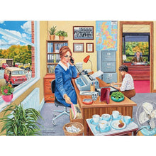 Illustrated puzzle panel of a woman on a phone at an office desk