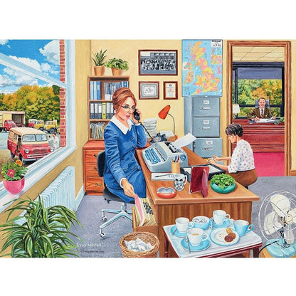 Illustrated puzzle panel of a woman on a phone at an office desk