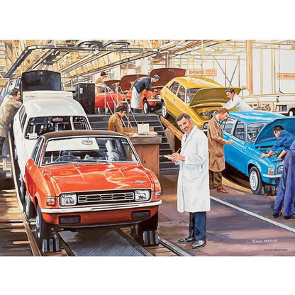 Illustrated puzzle panel of classic cars in an auto repair garage