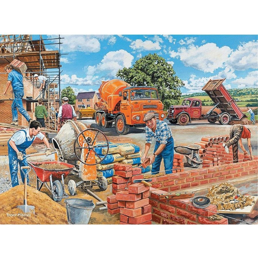 Illustrated puzzle panel of workers with orange trucks and bricklaying