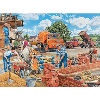 Illustrated puzzle panel of workers with orange trucks and bricklaying