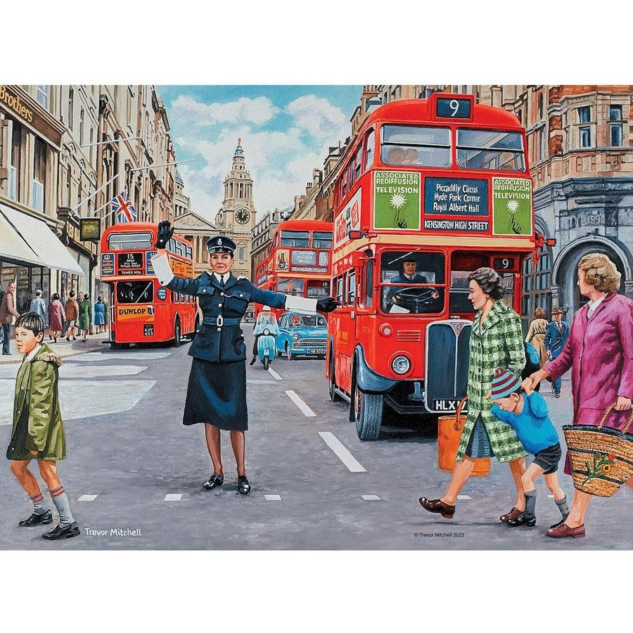 Illustrated puzzle panel of a London street with red double-decker buses