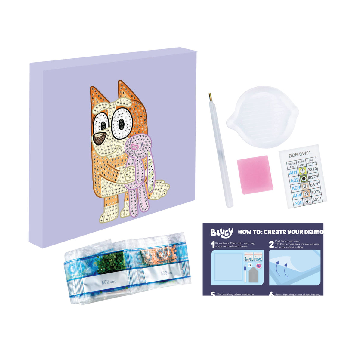 White Smoke Bluey Diamond Painting Box, 15x15cm -  002 Bingo & Floppy Kids Activities