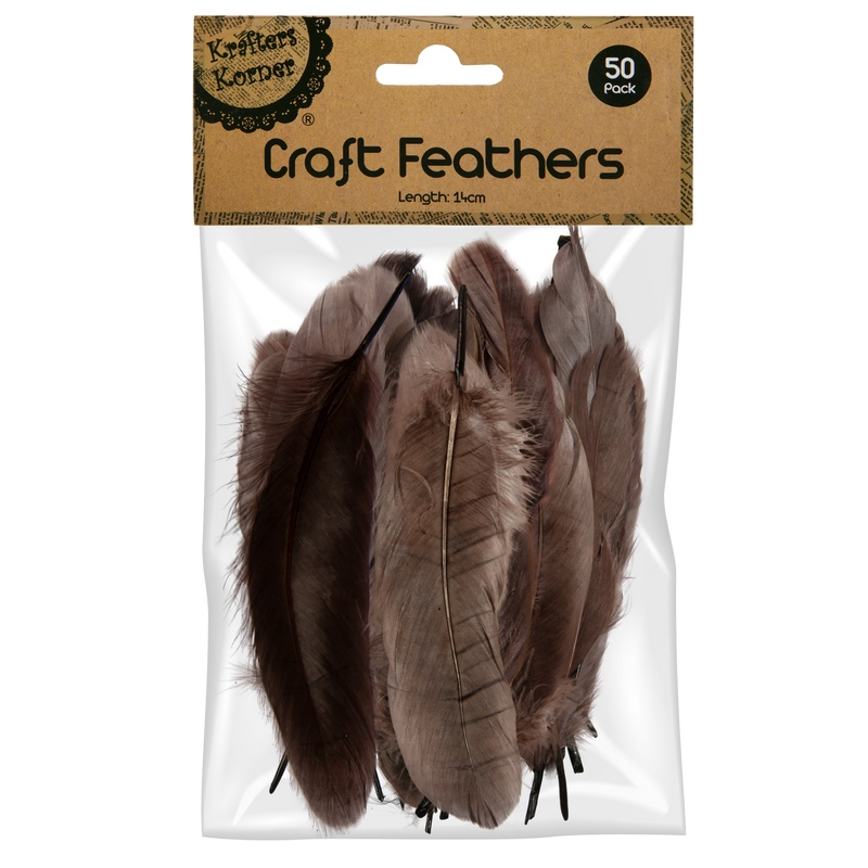 Dim Gray Krafters Korner Craft 14cm Brown Feathers 50 Pack Feathers