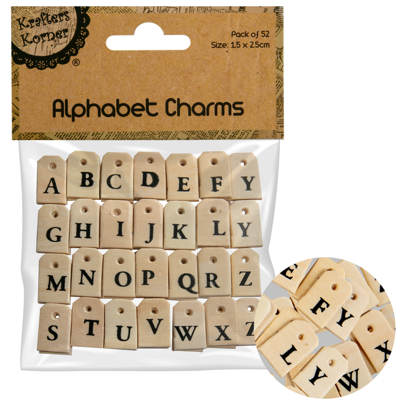 Dark Khaki Krafters Korner Wooden Alphabet Charm (52 Pieces) Kids Wood Craft