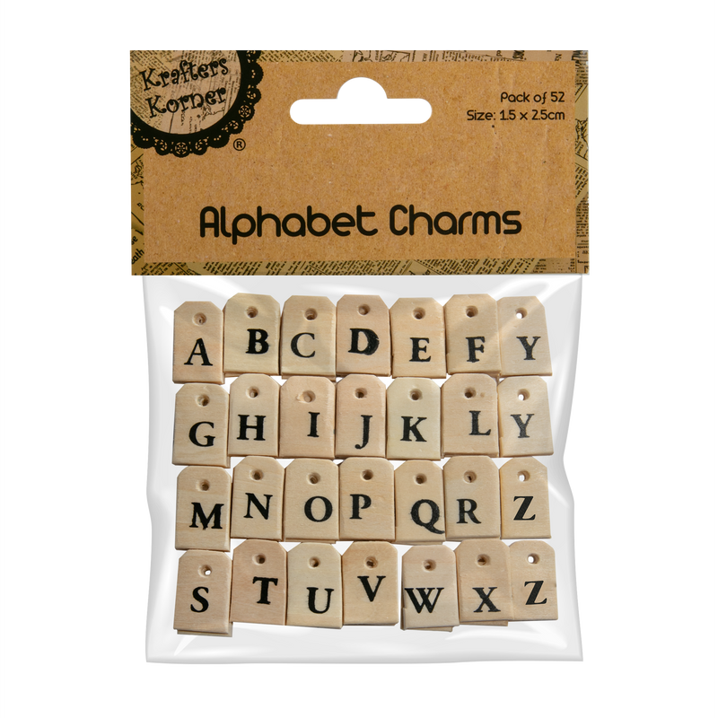 Dark Khaki Krafters Korner Wooden Alphabet Charm (52 Pieces) Kids Wood Craft