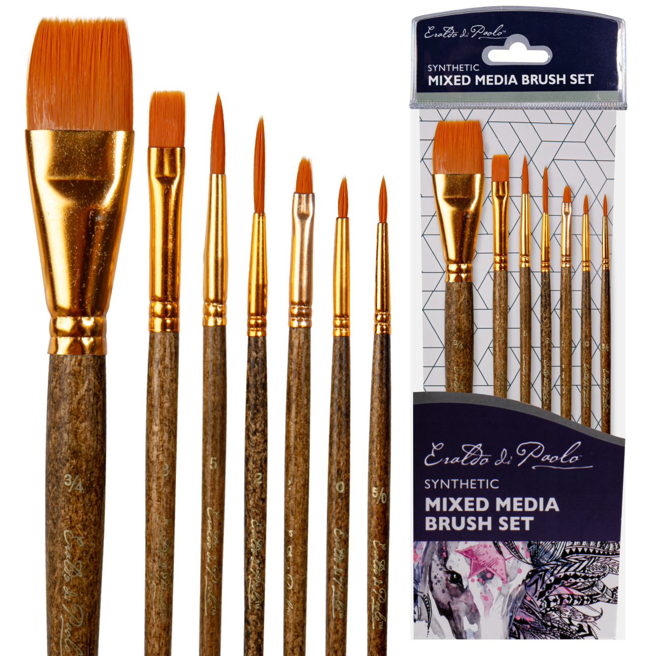 Saddle Brown Eraldo di Paolo Mixed Media Brush set 7pc Taklon and Synthetic Brushes