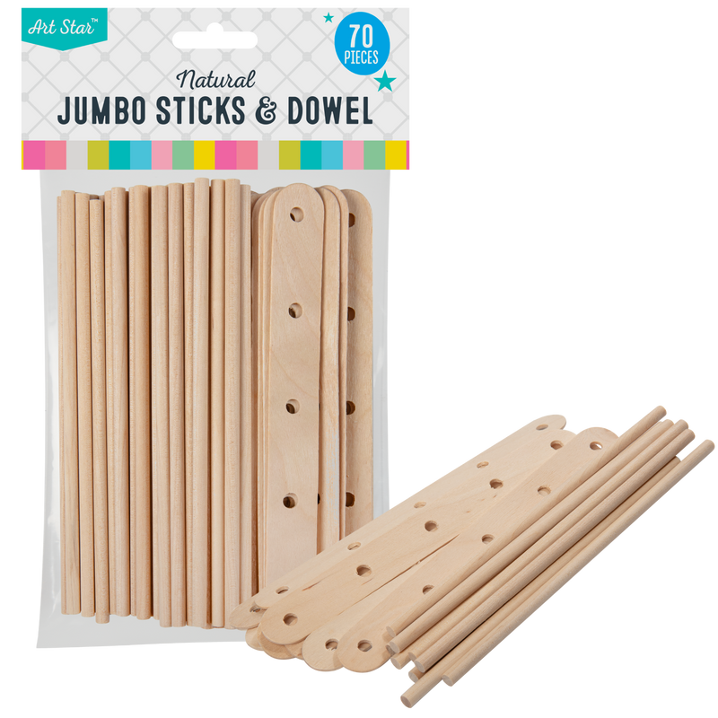 Tan Art Star Natural Jumbo Craft Sticks and Dowel 70 Pieces Kids Craft Basics