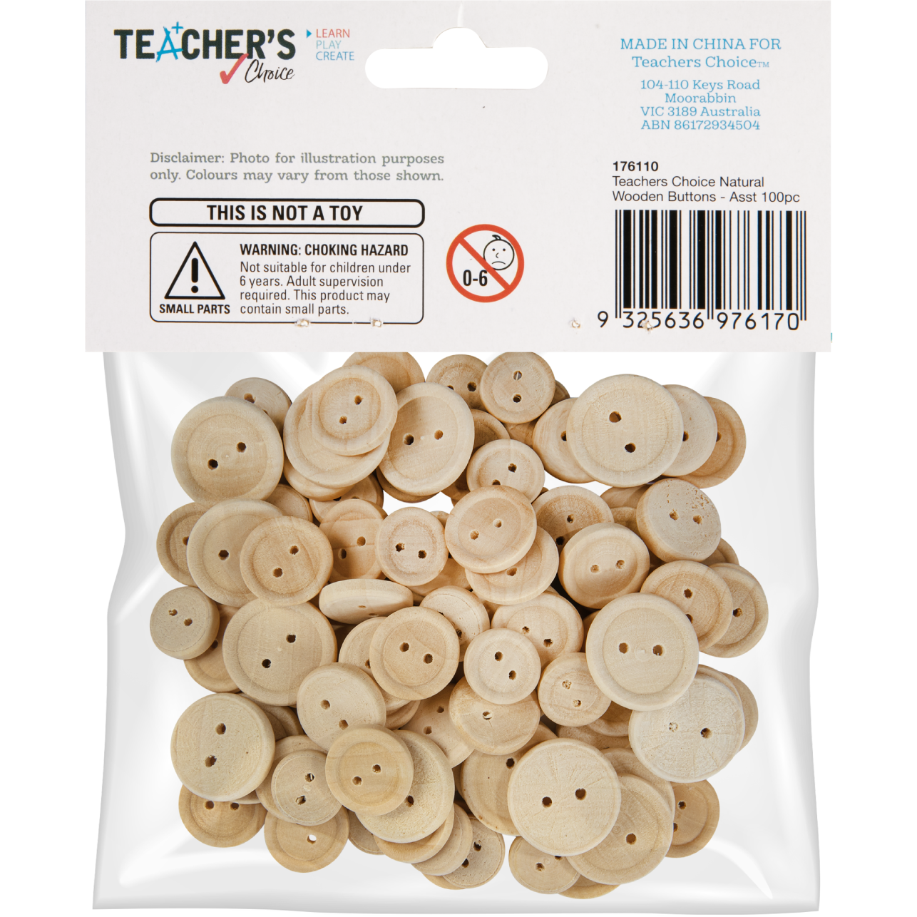 Light Gray Teacher's Choice Natural Wooden Buttons Assorted Sizes 100 Pieces Kids Craft Basics