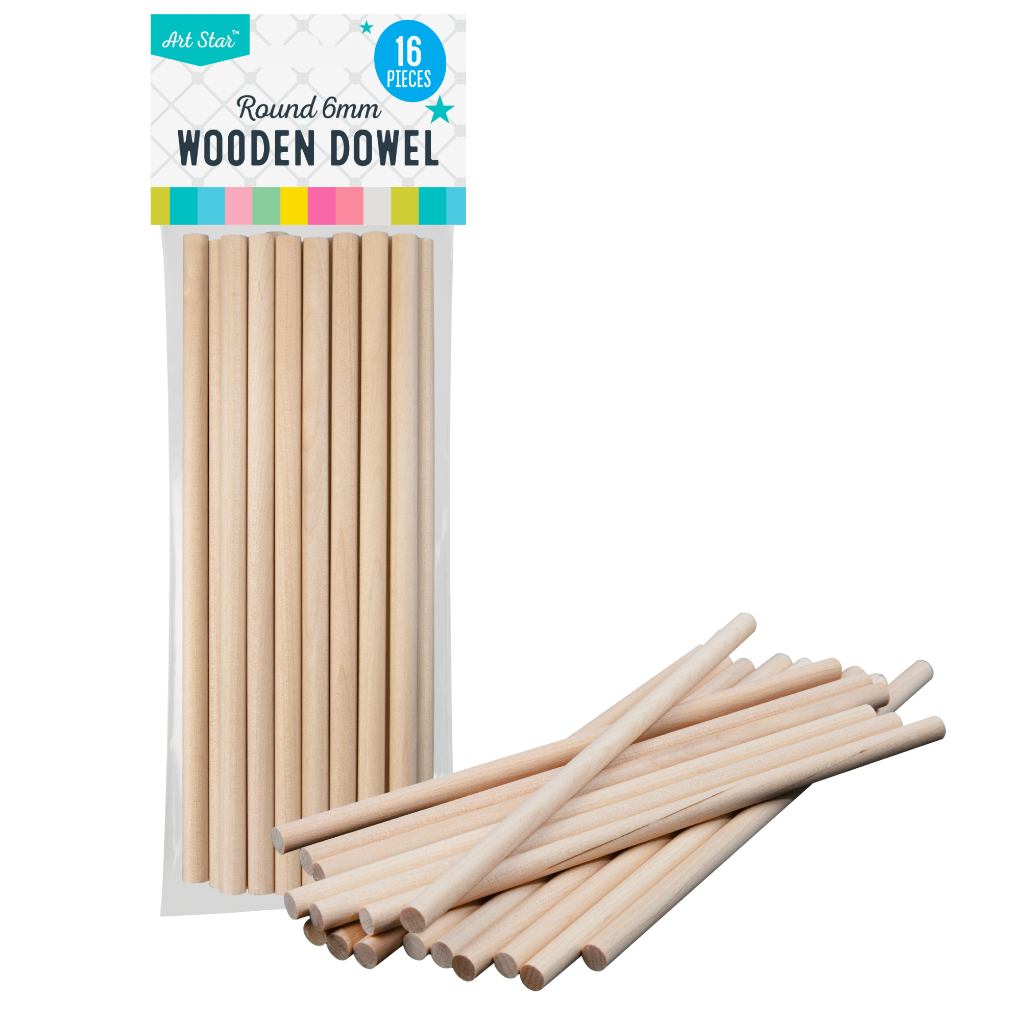 Art Star Round Wooden Dowel Sticks 150mm x 6mm 16 Pieces