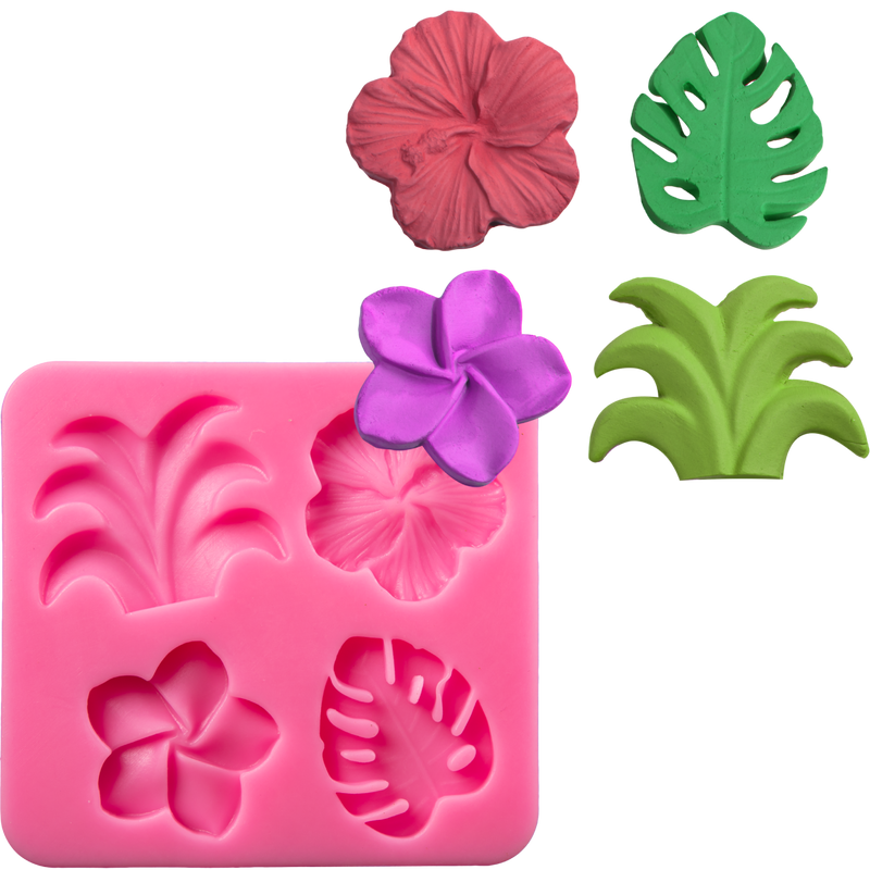 Pale Violet Red Clay Studio Frangipani, Hibiscus, Coconut Tree and Monstera Leaf Silicone Mould for Polymer Clay and Resin 9.8x9.2x0.8 Moulds