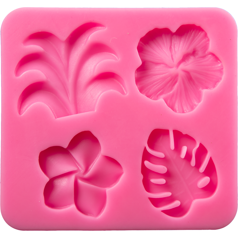 Hot Pink Clay Studio Frangipani, Hibiscus, Coconut Tree and Monstera Leaf Silicone Mould for Polymer Clay and Resin 9.8x9.2x0.8 Moulds