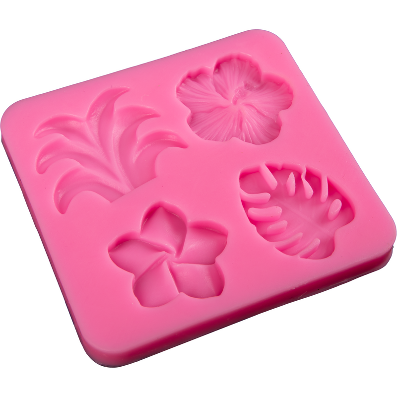 Hot Pink Clay Studio Frangipani, Hibiscus, Coconut Tree and Monstera Leaf Silicone Mould for Polymer Clay and Resin 9.8x9.2x0.8 Moulds