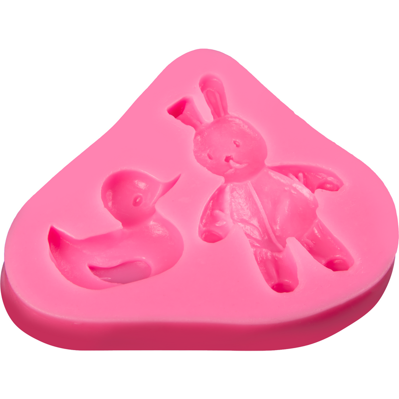 Hot Pink Clay Studio Cartoon Rabbit And Little Yellow Duck Silicone Mould for Polymer Clay and Resin 7.5x9x1.2cm Moulds