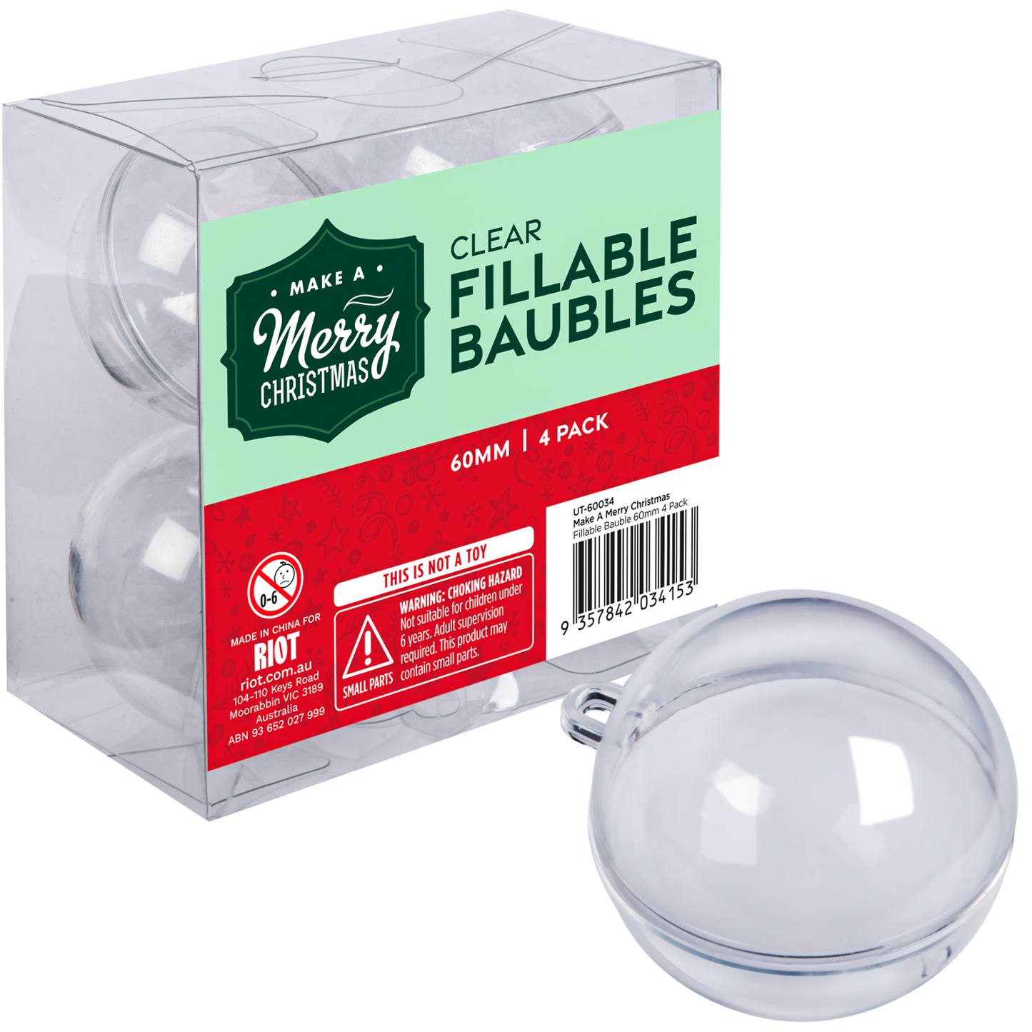 Light Gray Make A Merry Christmas Plastic Fillable Bauble 60mm 4 Pack Christmas