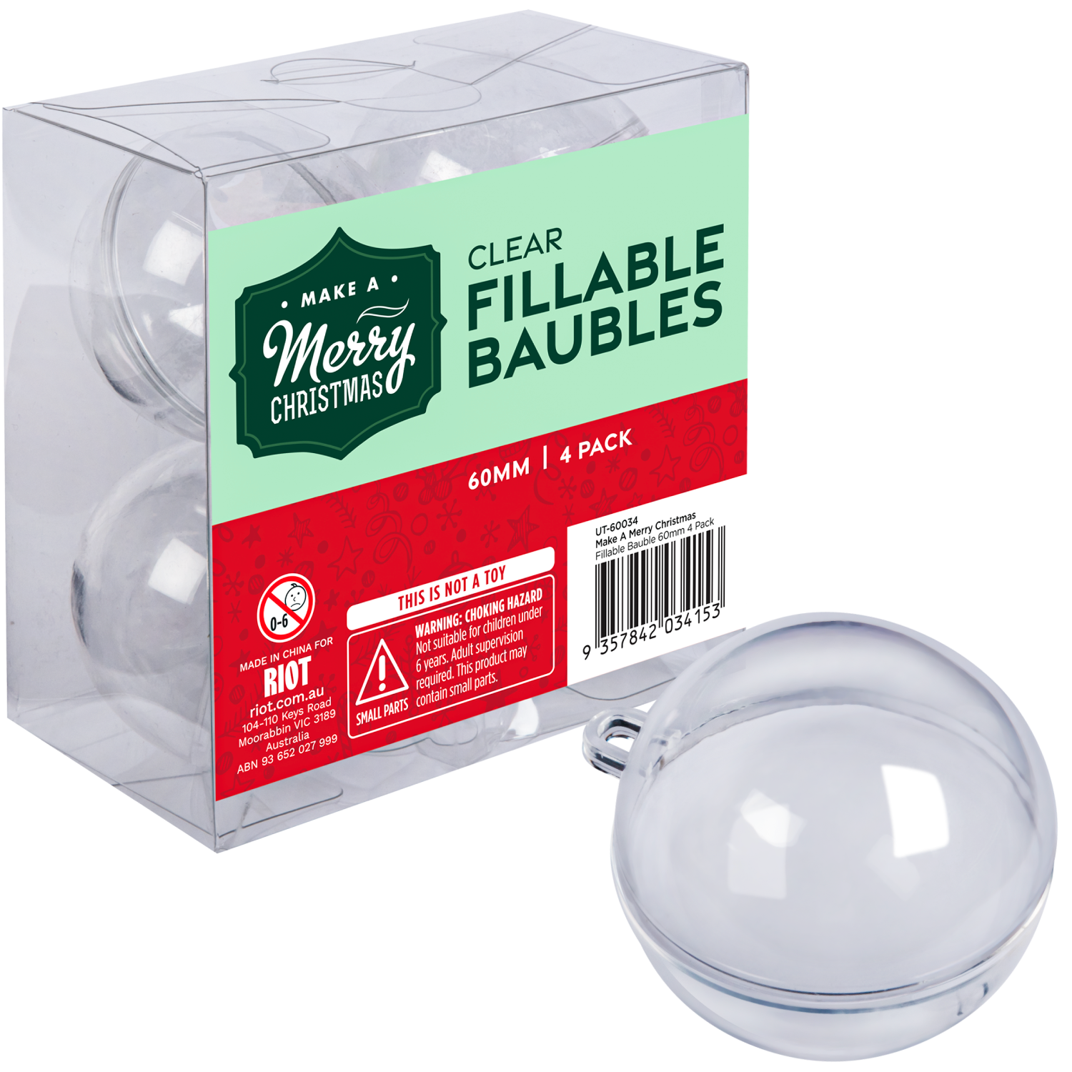 Light Gray Make A Merry Christmas Plastic Fillable Bauble 60mm 4 Pack Christmas