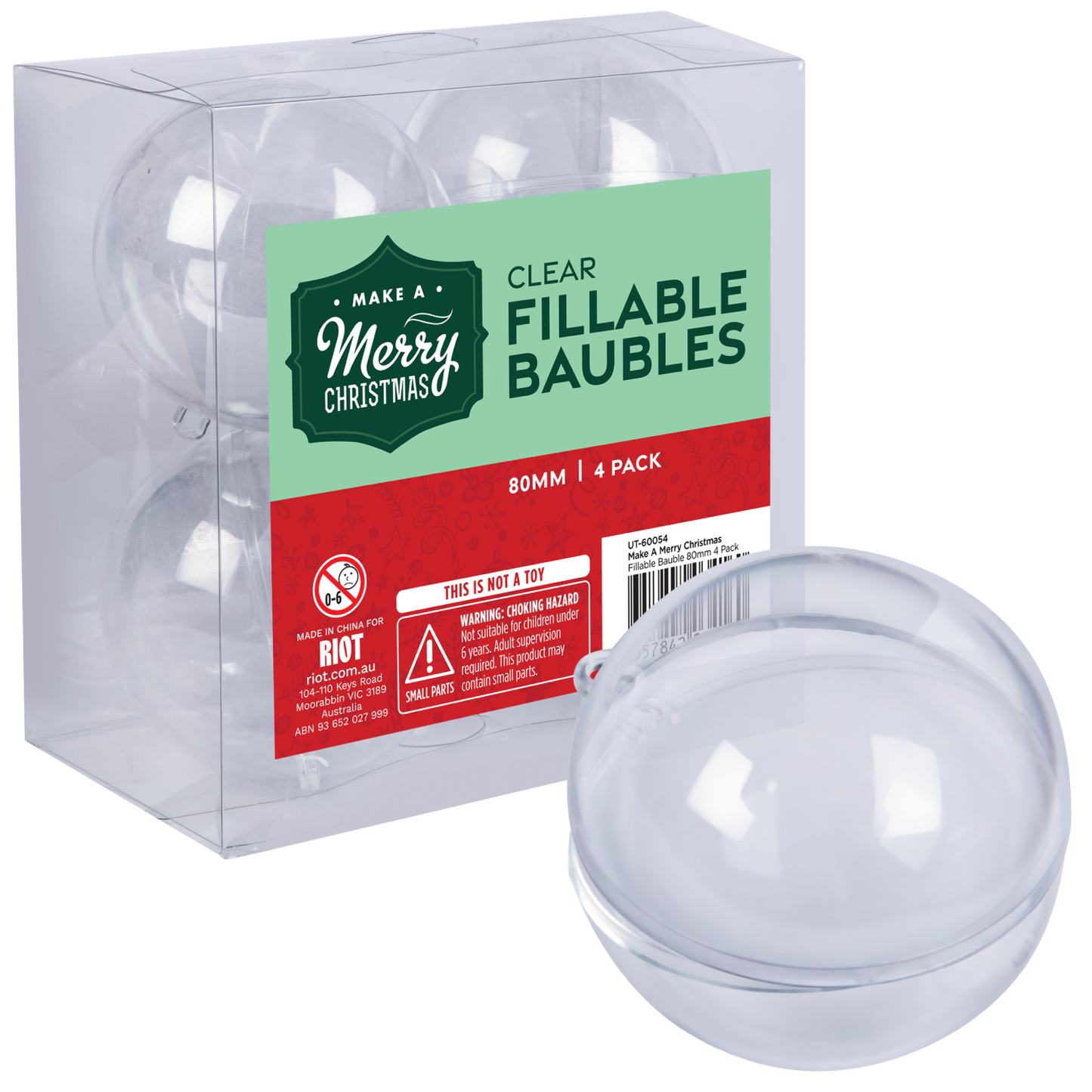 Light Gray Make A Merry Christmas Plastic Fillable Bauble 80mm 4 Pack Christmas