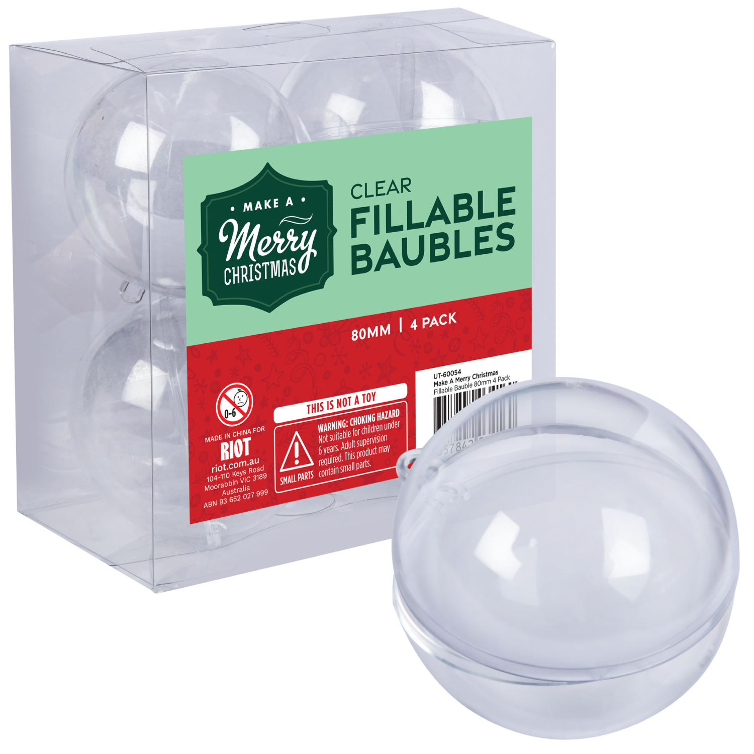Light Gray Make A Merry Christmas Plastic Fillable Bauble 80mm 4 Pack Christmas