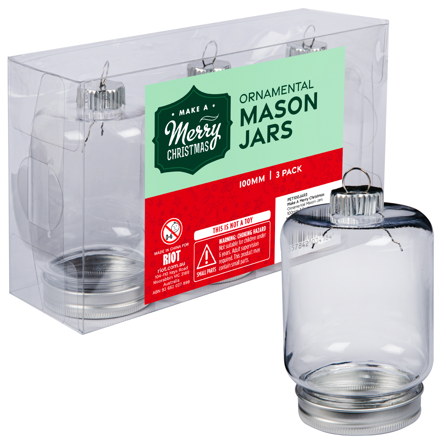 Gray Make A Merry Christmas Plastic Mason Jar Ornament 100mm 3 Pack Christmas