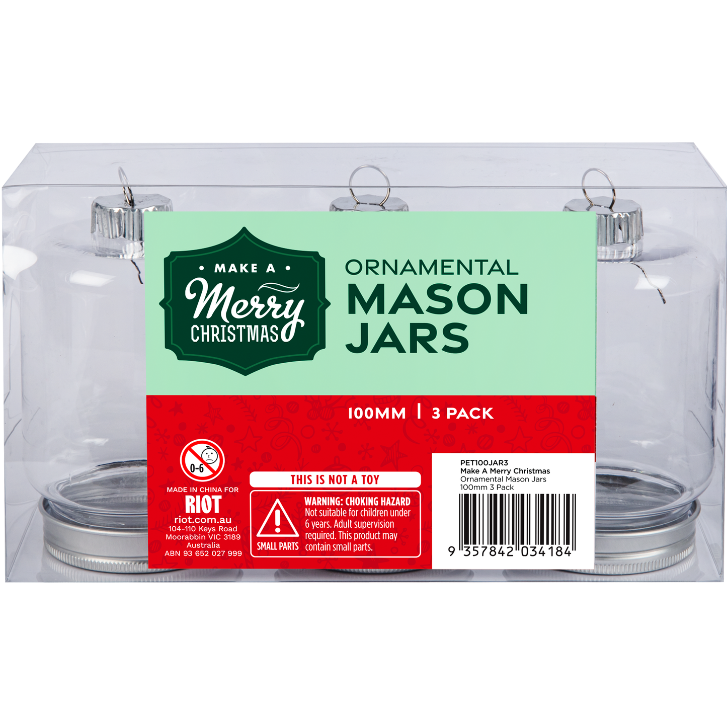 Light Gray Make A Merry Christmas Plastic Mason Jar Ornament 100mm 3 Pack Christmas