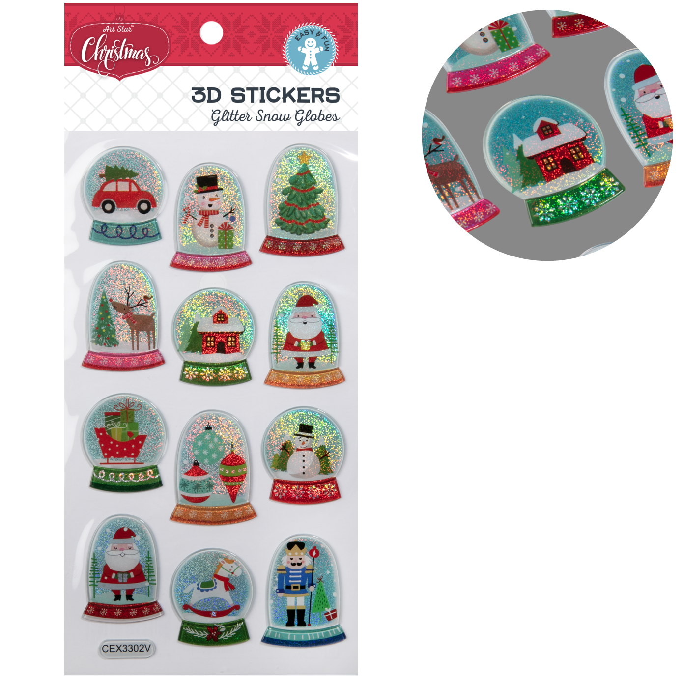 Gray Art Star Christmas 3D Stickers Glitter Snow Globe 95x214mm - 12 stickers Christmas
