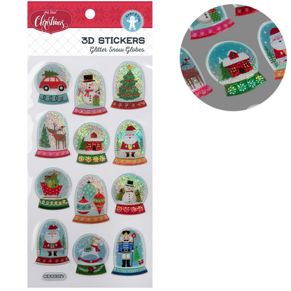 Gray Art Star Christmas 3D Stickers Glitter Snow Globe 95x214mm - 12 stickers Christmas