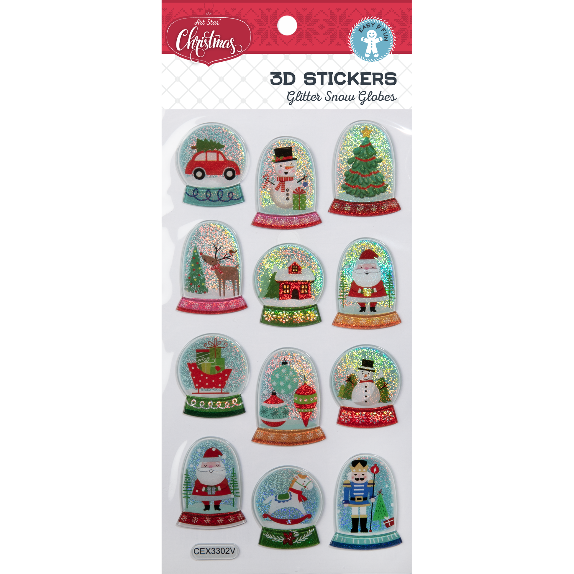 Light Gray Art Star Christmas 3D Stickers Glitter Snow Globe 95x214mm - 12 stickers Christmas