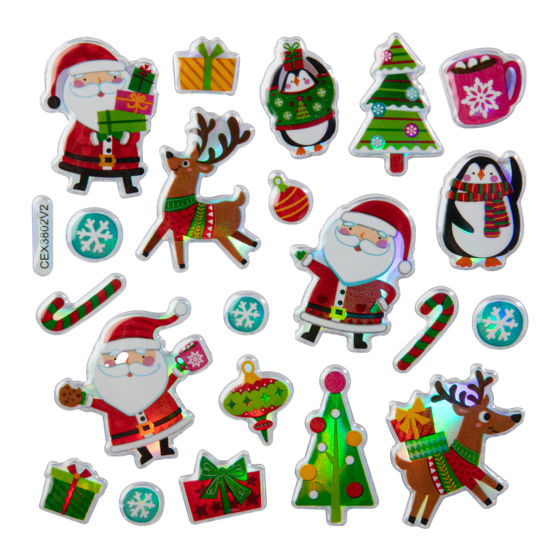 Gray Art Star Christmas 3D Foil Sticker Sheets Santa and Friends 180 x 105mm - 42 Stickers Christmas