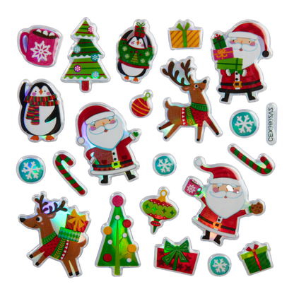 Gray Art Star Christmas 3D Foil Sticker Sheets Santa and Friends 180 x 105mm - 42 Stickers Christmas