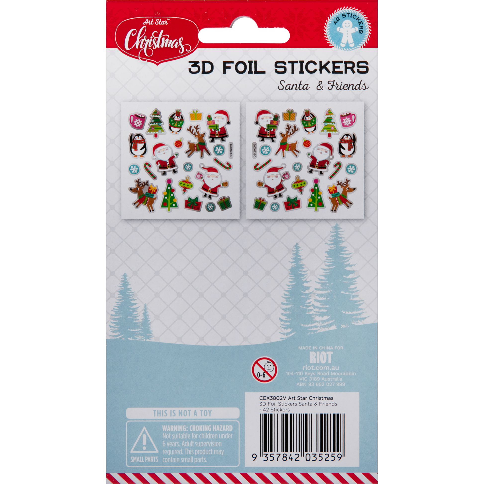Gray Art Star Christmas 3D Foil Sticker Sheets Santa and Friends 180 x 105mm - 42 Stickers Christmas