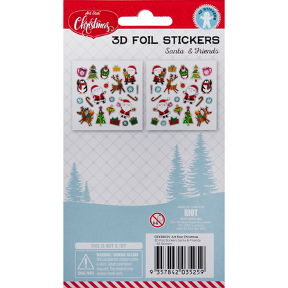 Gray Art Star Christmas 3D Foil Sticker Sheets Santa and Friends 180 x 105mm - 42 Stickers Christmas