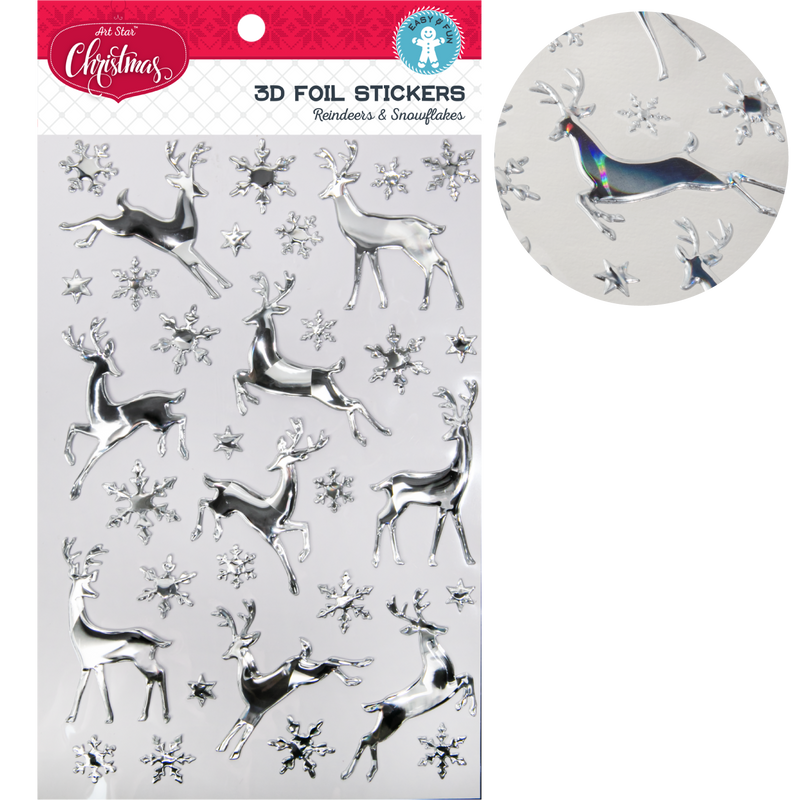 Light Gray Art Star Christmas 3D Foil Stickers Reindeer and Snowflakes 140 x 250mm - 36 Stickers Christmas