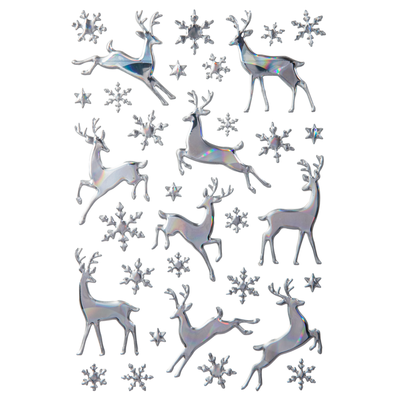 Dark Gray Art Star Christmas 3D Foil Stickers Reindeer and Snowflakes 140 x 250mm - 36 Stickers Christmas