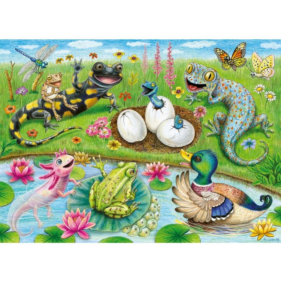 Jigsaw puzzle artwork close-up with colorful reptile hatchlings, flowers, and butterflies