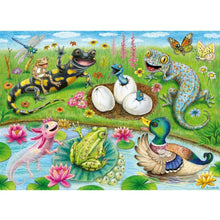 Jigsaw puzzle artwork close-up with colorful reptile hatchlings, flowers, and butterflies