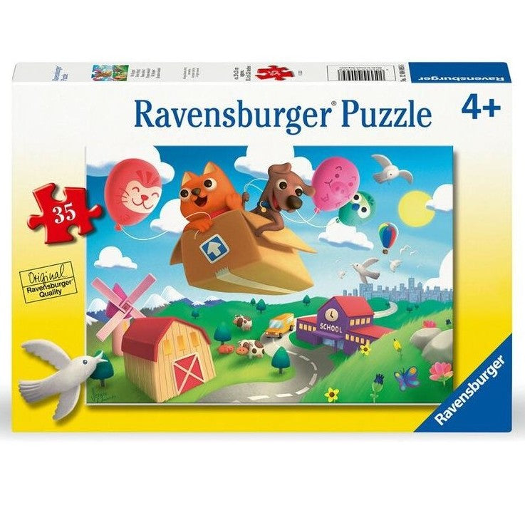 35-piece jigsaw puzzle box with flying animals and farm scene