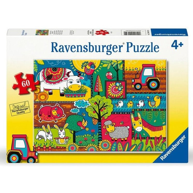 60-piece farm-themed jigsaw puzzle box with colorful animals and tractor