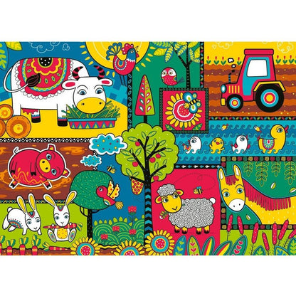 Colorful farm animal jigsaw puzzle artwork with tractor and barn scene