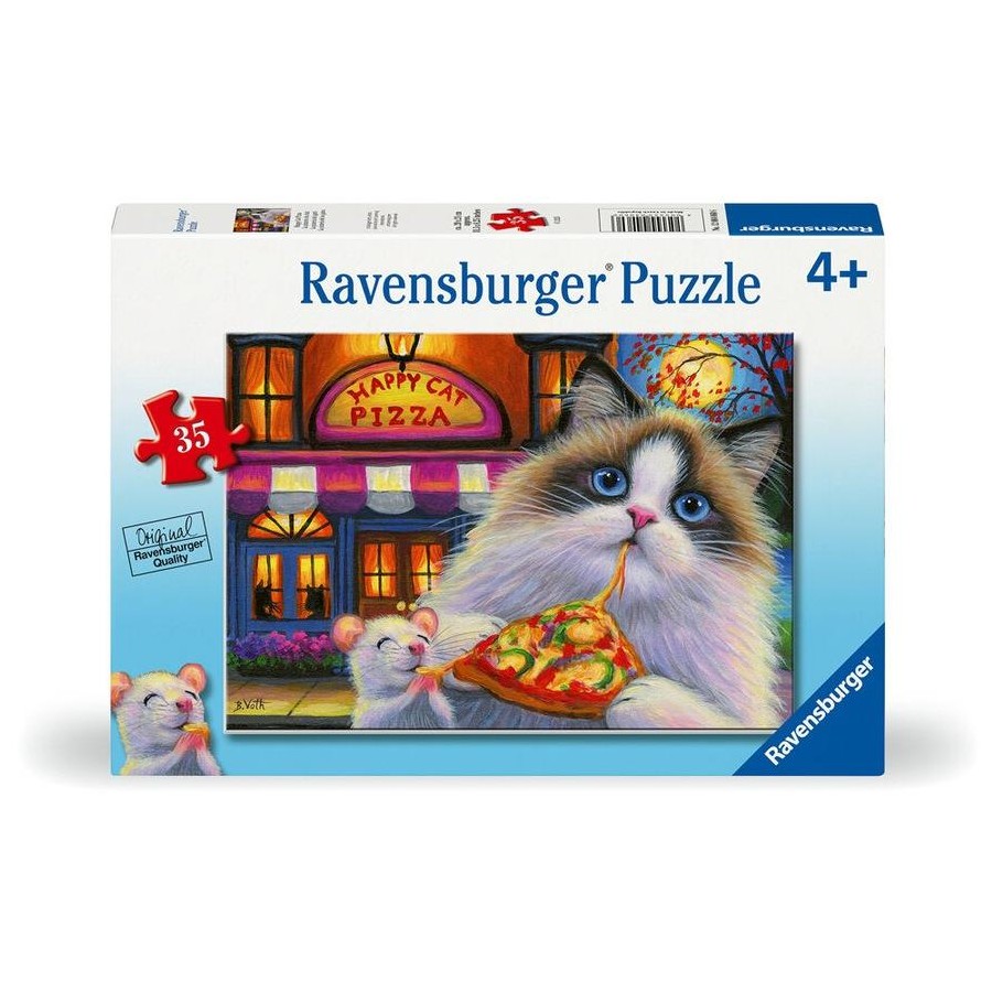 35-piece Happy Cat pizza jigsaw puzzle in retail box, featuring a cat holding pizza slice
