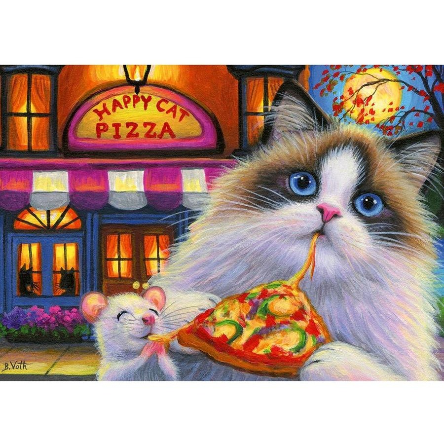 Happy Cat pizza puzzle artwork close-up with fluffy kitten holding a slice