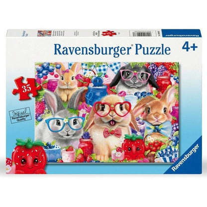 Jigsaw puzzle box showing bunnies and berries theme, 35 pieces