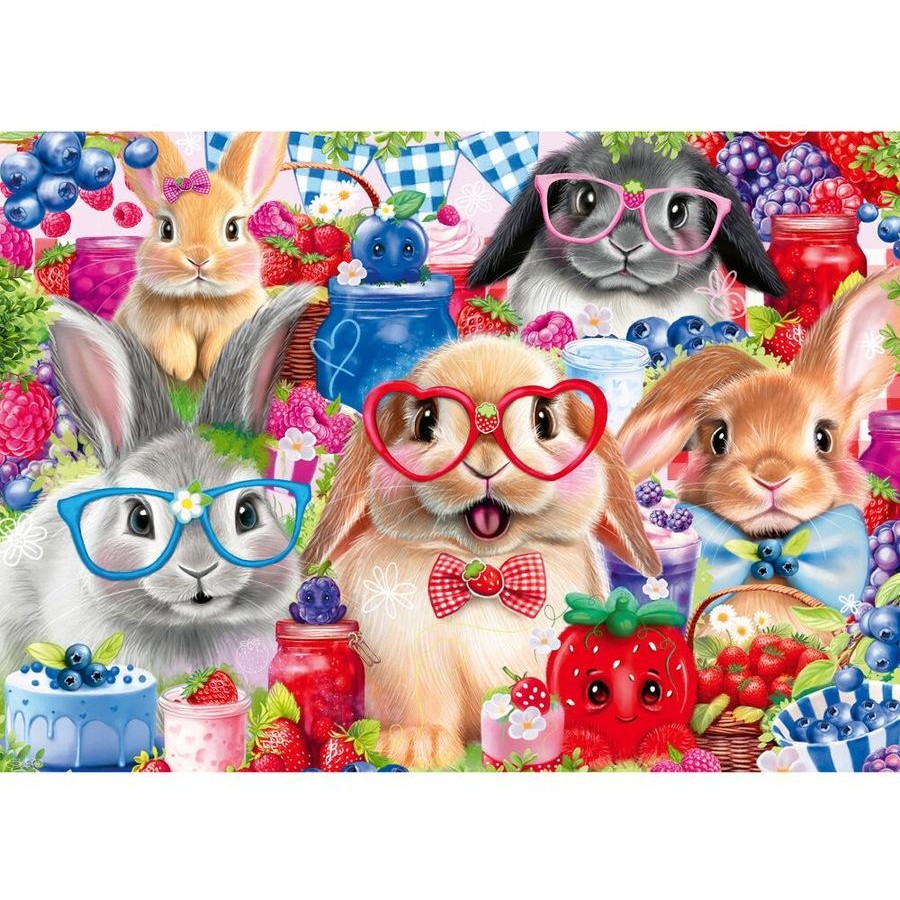 Jigsaw puzzle artwork with cute cats and bunnies among berries and jars