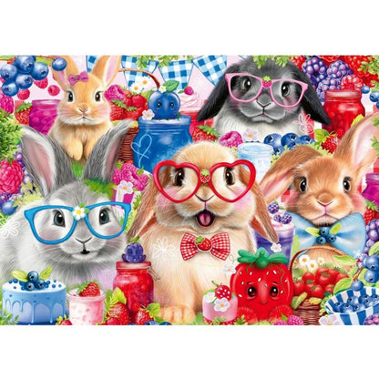 Jigsaw puzzle artwork with cute cats and bunnies among berries and jars
